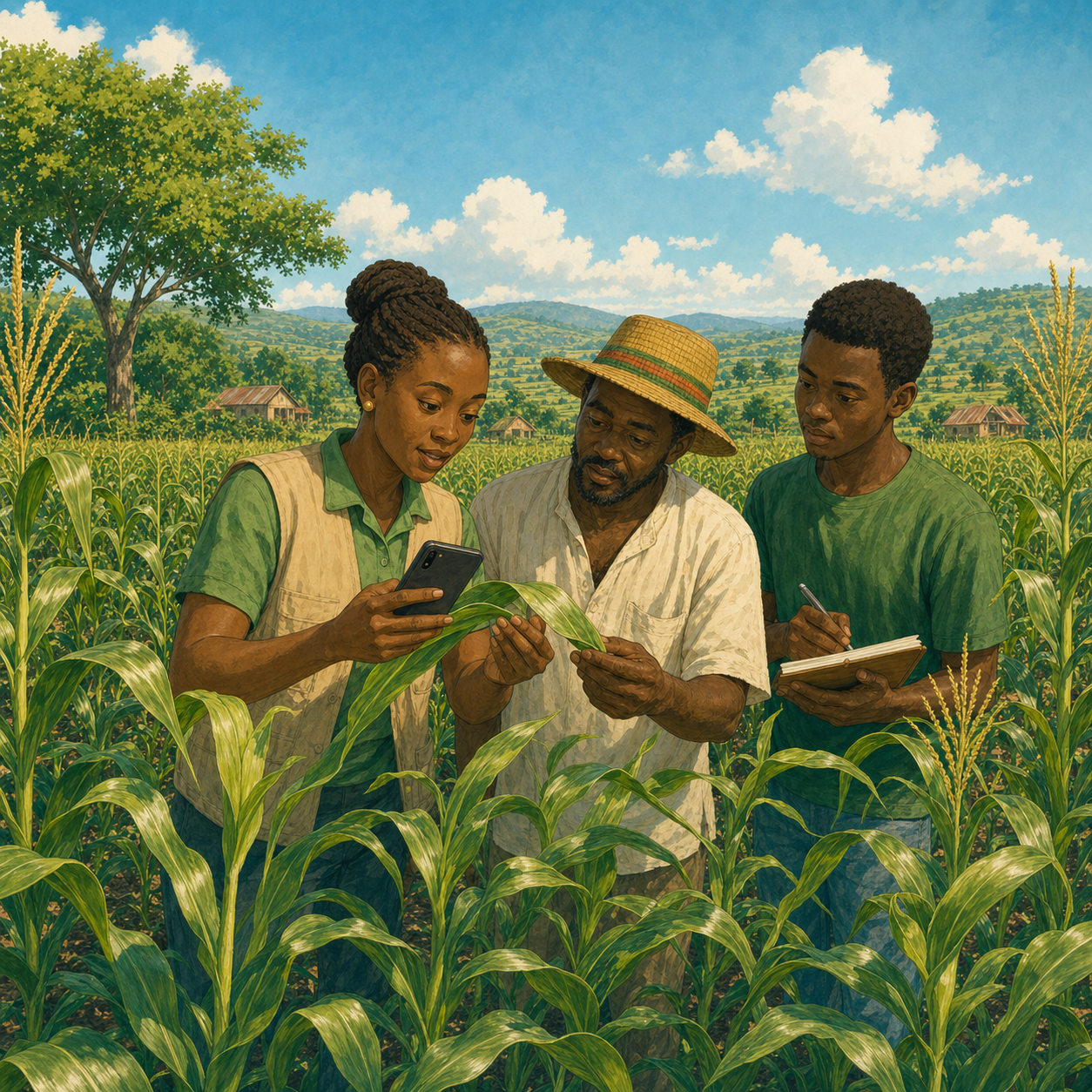 Hand-painted illustration of three Ghanaian field workers examining a maize leaf together with a phone and notebook.